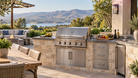 Built-in BBQ grill installed in a modern outdoor kitchen