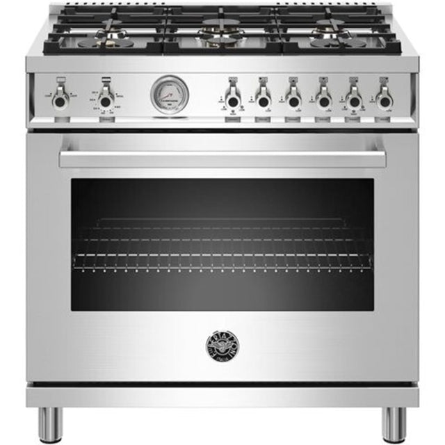 Bertazzoni PROF366GASXTLP 36 Inch Freestanding Professional gas range with stainless steel finish and 6 brass burners.