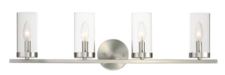 Maxim Lighting 25258CLSN - Sentinel 4-Light Bath Vanity features clear glass shades and brushed nickel finish for modern bathrooms.