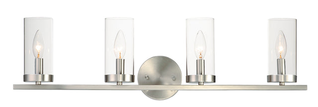 Maxim Lighting 25258CLSN - Sentinel 4-Light Bath Vanity features clear glass shades and brushed nickel finish for modern bathrooms.