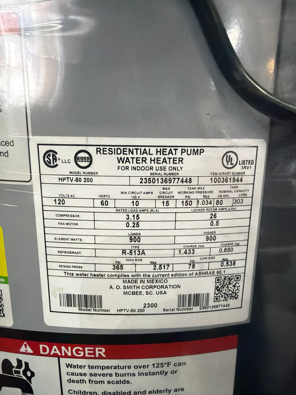 A.O. Smith HPTV-80 - 80-Gallon 0.9KW 120V Heat Pump Water Heater