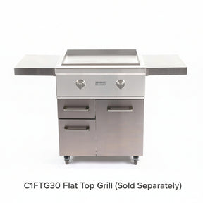 COYOTE C1FTCART 30" Flat Top Grill Cart with stainless steel finish and storage compartments.