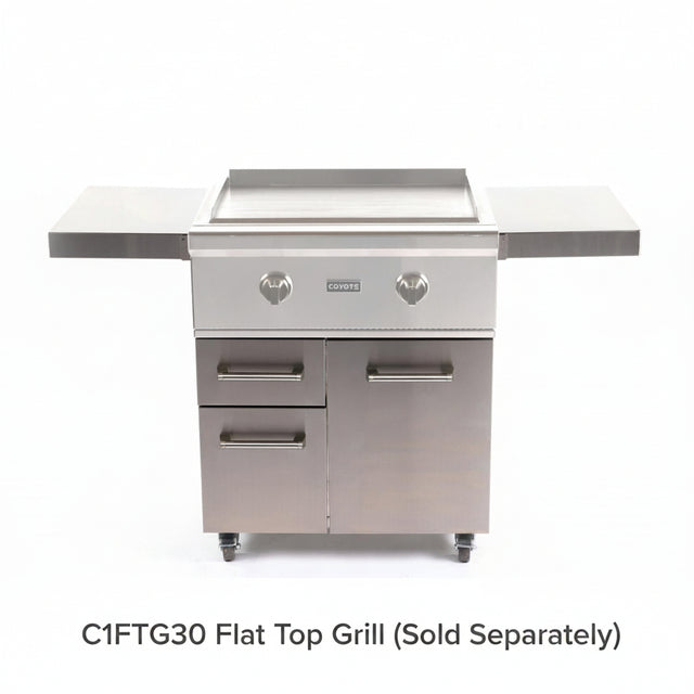 COYOTE C1FTCART 30" Flat Top Grill Cart with stainless steel finish and storage compartments.