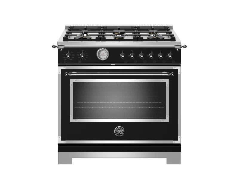 BERTAZZONI HERT366GASNET 36 Inch Freestanding Gas Range with 6 Sealed Burners, 5.9 Cu. Ft. Oven Capacity, Continuous Grates, Elegant Temperature Gauge, Smooth-Glide Telescopic Racks, Soft-Close Oven D