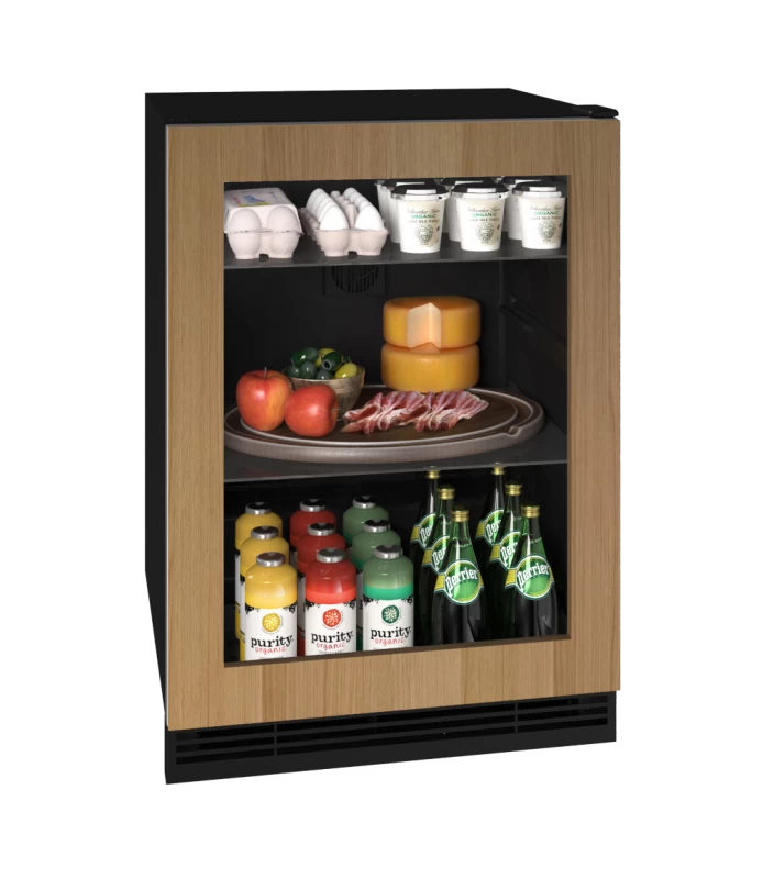 U-Line UHRE124-IG81A UL-GLS REF 24" REV HNGE INTEG FRAME 115V with various food and drinks displayed.