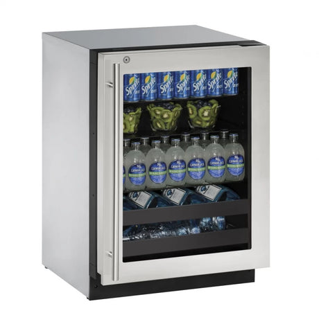 U-Line 2224BEVS-13B UL-BEVERAGE CENTER 24"  SS LOCKING D with beverages and snacks inside, showcasing quality appliance features.