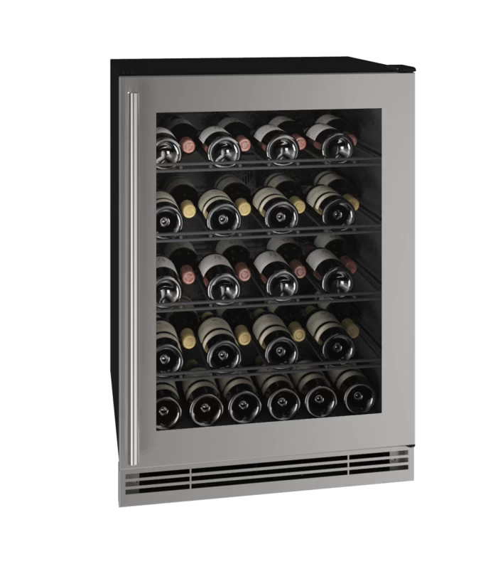 U-LINE UHWC024-SG01A 24" Wine Refrigerator showcasing stylish stainless steel and capacity for various wine bottles.