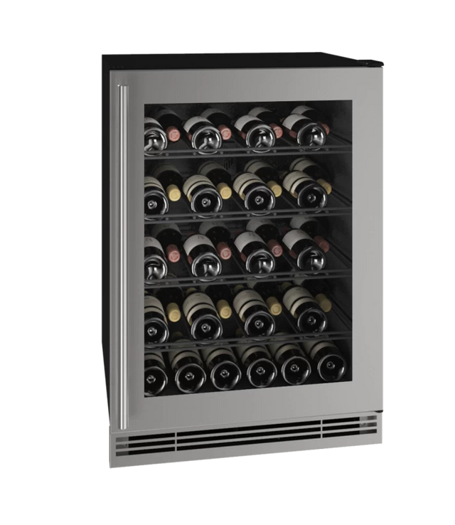 U-LINE UHWC024-SG01A 24" Wine Refrigerator showcasing stylish stainless steel and capacity for various wine bottles.