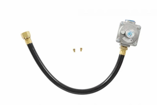 COYOTE C128LP2NG gas grill hose assembly with regulator and brass fittings for outdoor cooking appliances.