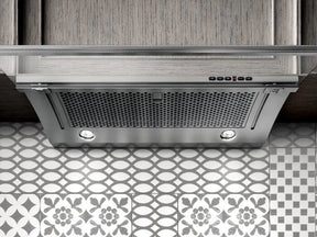 Elica EGL430S1 EL-30" UC HOOD GLIDE SS & CLEAR GLASS installed above patterned tiles.