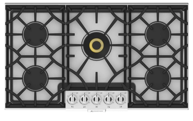 HESTAN KGC36 36" PROFESSIONAL GAS COOKTOP with heavy-duty cast-iron grates and sealed burners.