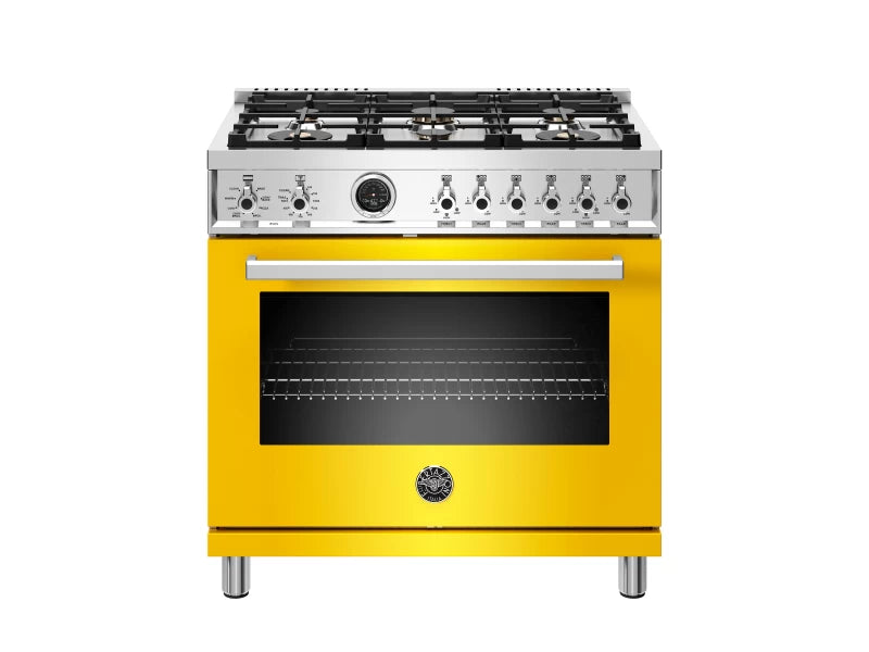 Bertazzoni PROF366DFSGIT BZ-36" PROF SERIES RANGE - ELECT YELLOW with dual fuel capabilities and stylish design.