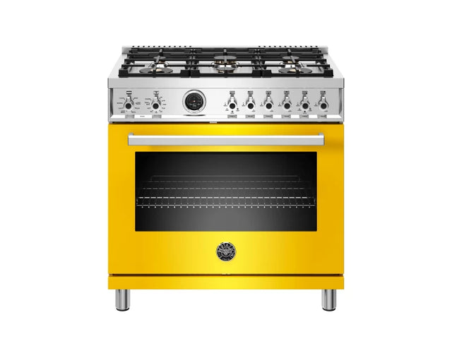 Bertazzoni PROF366DFSGIT BZ-36" PROF SERIES RANGE - ELECT YELLOW with dual fuel capabilities and stylish design.