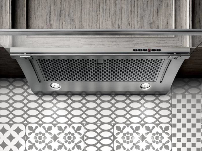 Elica EGL436S1 EL-36" UC HOOD GLIDE SS & CLEAR GLASS installed in stylish kitchen above decorative tiles.