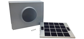 BOSCH HCREC5UC Recirculation Kit for All Chimney Wall Hoods with charcoal filter and installation accessories.