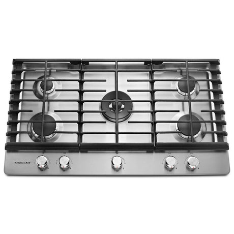 KITCHENAID KCGS556ESS 5-Burner Gas Cooktop with sleek design and cast-iron grates for premium cooking.