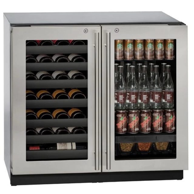 U-Line 3036BVWCS-13B UL-BEVERAGE CENTER/WINE 36" SS LOCK DR. wine cooler with adjustable glass shelves.