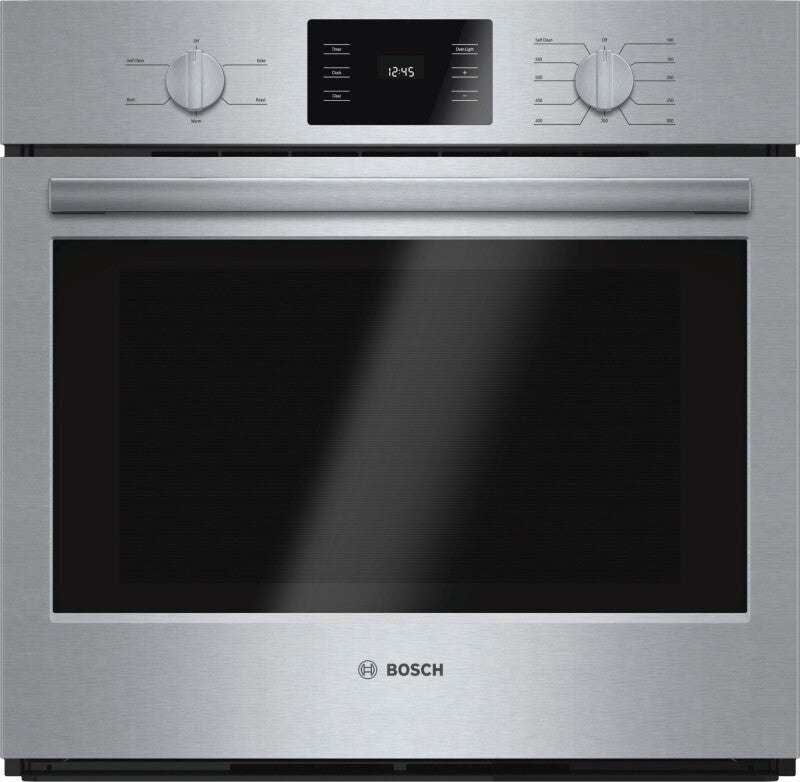 Bosch HBL5351UC BO-500 SER 30IN SINGLE WALL OVEN SS with metal knobs for stylish control and broil mode.