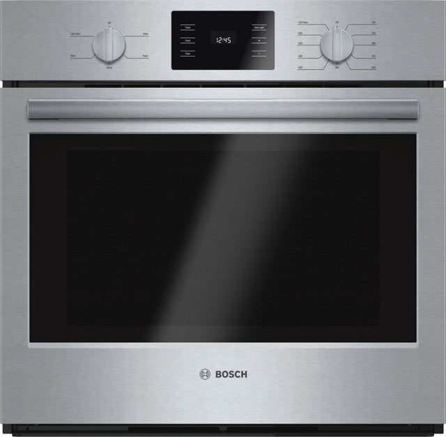Bosch HBL5351UC BO-500 SER 30IN SINGLE WALL OVEN SS with metal knobs for stylish control and broil mode.