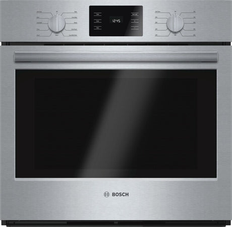 Bosch HBL5451UC BO-500 SER 30IN SINGLE WALL OVEN SS featuring stylish metal knobs and sleek stainless steel design.