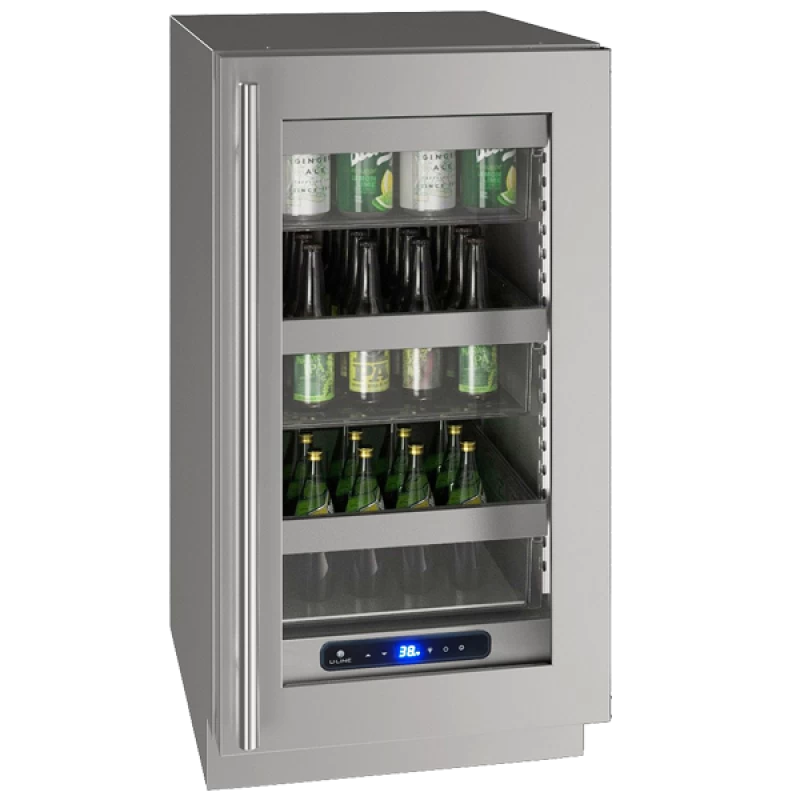 U-Line UHRE518-SG01A UL-GLASS REF 18" REV HINGE SS 115V stylish built-in refrigerator for beverage storage.