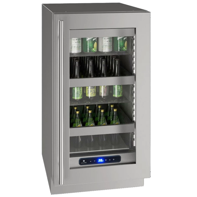 U-Line UHRE518-SG01A UL-GLASS REF 18" REV HINGE SS 115V stylish built-in refrigerator for beverage storage.