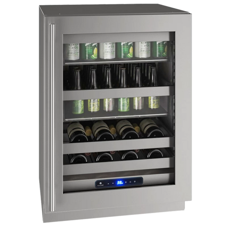U-Line UHBV524-SG41A UL-BEV CENTER 24" LOCK RH STAINLESS 115V wine cooler with glass door and adjustable shelves.