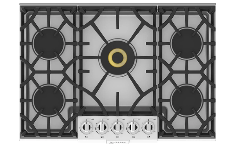 Hestan gas cooktop with five burners