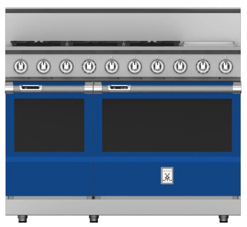 Hestan range, dual fuel, 5 burner, blue finish