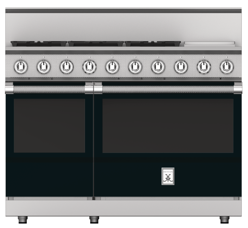 Hestan gas range with griddle, 5 burners, black finish