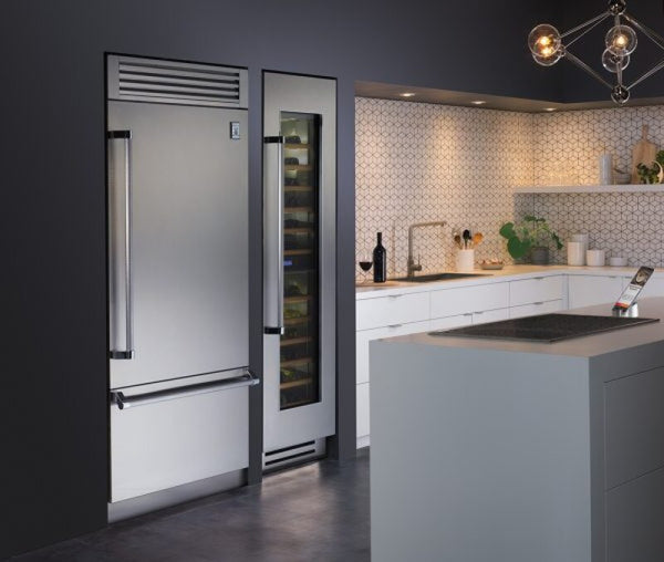 Hestan wine column and refrigerator, sleek stainless steel design