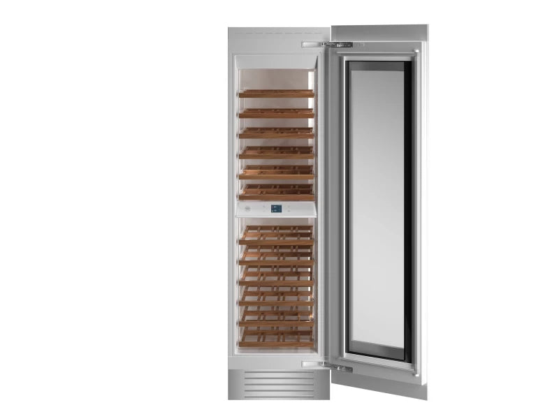 Bertazzoni REF24WCPRR BZ-24" BI WINE CELL COL PNL RDY RT SWING with wooden shelves for wine storage.