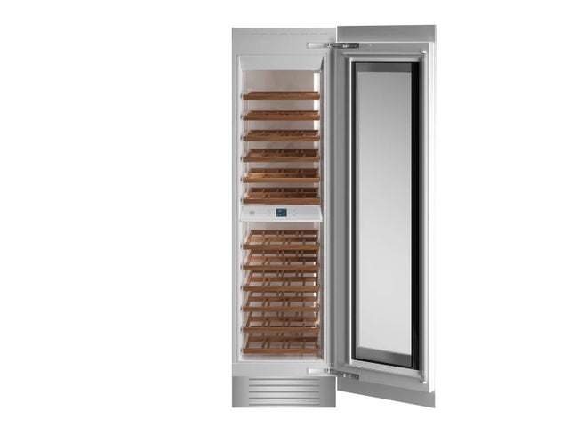 Bertazzoni REF24WCPRR BZ-24" BI WINE CELL COL PNL RDY RT SWING with wooden shelves for wine storage.