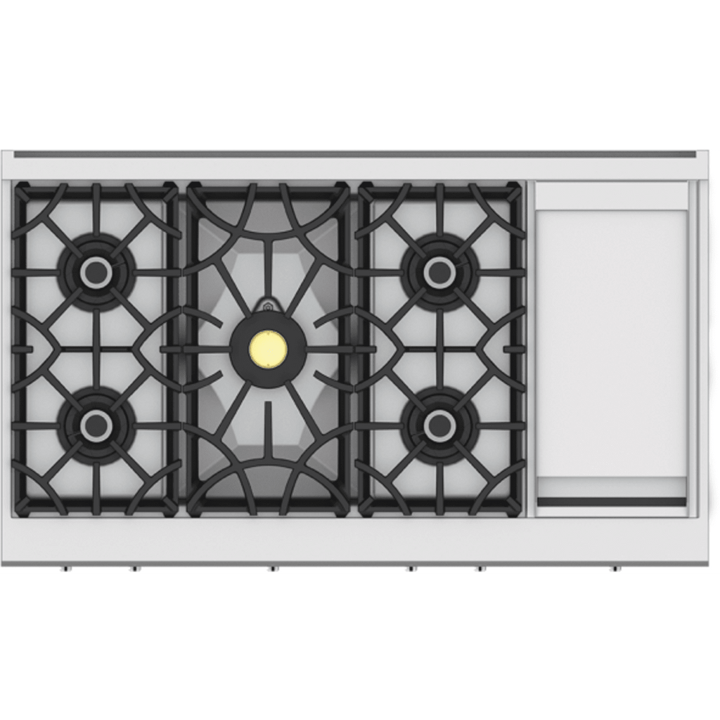 Hestan KRT485GD-LP-WH - 48 Inch Gas Rangetop with 5 Brass Sealed Burners, 12 Inch Infrared Griddle, Froth White, Liquid Propane