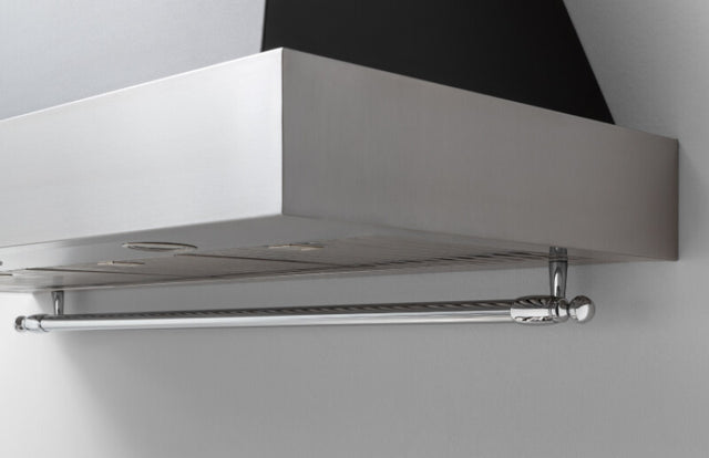 Bertazzoni KC36HERTNE BZ-36" CANOPY HOOD NERO showcasing stainless steel design and chrome handle for luxury kitchen appliances.