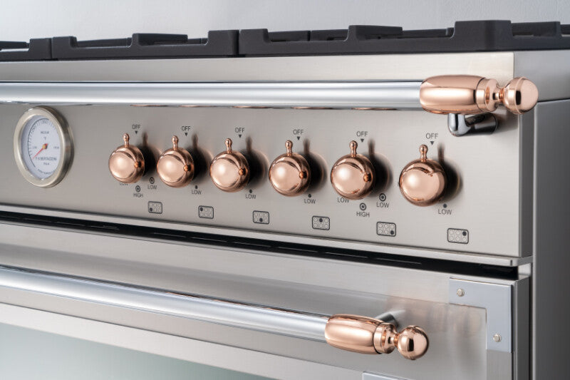 Bertazzoni gas range control knobs in polished copper