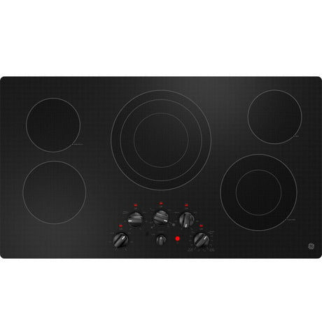 GE JEP5036DTBB 36" Electric Built In Cooktop - Gloss Black with five burners and control knobs.