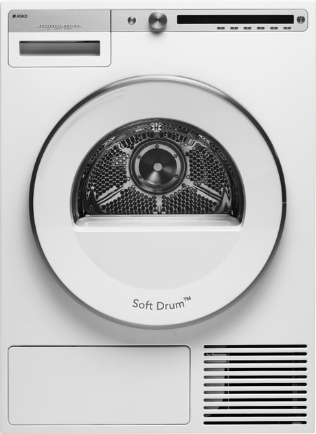 ASKO T411HSW 24" Heat Pump Dryer, Logic, White featuring Soft Drum technology and sleek design.
