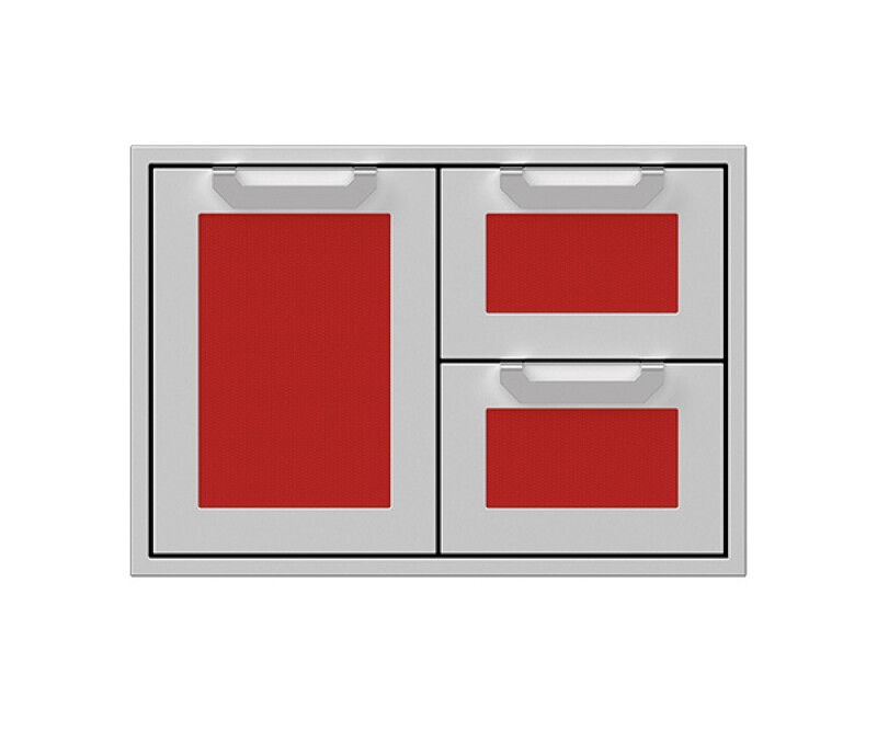 Hestan outdoor storage cabinet with red doors