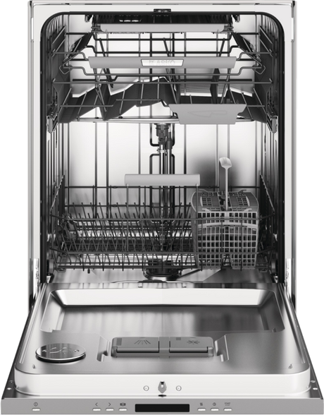 ASKO DBI664PHXXLS 40 Series, Stainless, 42 dBA, Sub-Zero Wolf Pro Handle, XXL interior view with racks and cutlery tray.