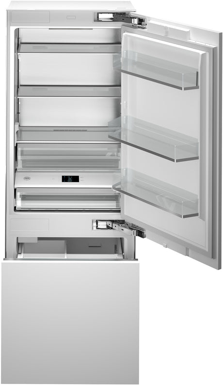 BERTAZZONI REF30BMBZPNV 30 Inch Panel Ready Built-In Bottom Mount Refrigerator with 16 Cu. Ft. Total Capacity shown with open doors.
