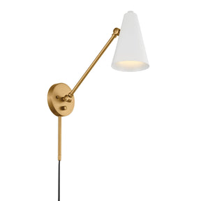 Kichler 52485NBRW - 1-Light Wall Sconce in Natural Brass/Brown Finish with adjustable arm and white shade.
