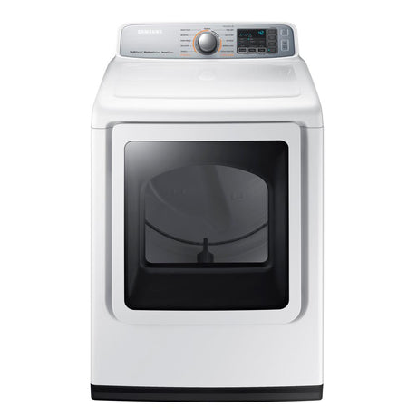 Samsung DVG50M7450W SAMSUNG TOP LOAD GAS DRYER WHITE front view, efficient laundry appliance for stylish homes.