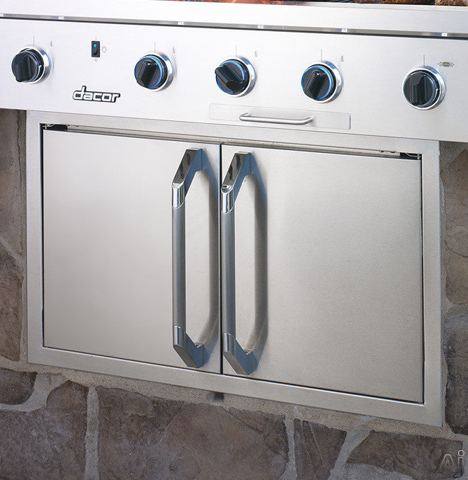 Dacor 36" DOUBLE GRILL ACCESS DOORS with stainless steel finish and modern handles for outdoor kitchens.