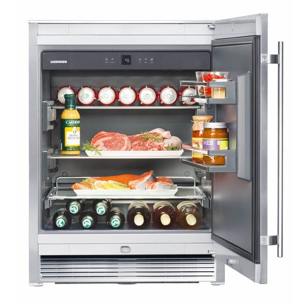 Liebherr RO-510 LI-24" OUTDOOR REFRIGERATOR showcasing interior with beverages, meats, and fish, perfect for outdoor living.