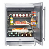 Liebherr RO-510 LI-24" OUTDOOR REFRIGERATOR showcasing interior with beverages, meats, and fish, perfect for outdoor living.