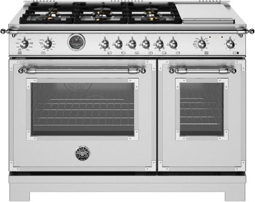 Bertazzoni 48" Heritage Series range with brass burners and dual ovens