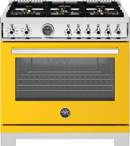 Bertazzoni gas range with yellow finish and 6 burners