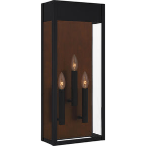 Quoizel MAE8410MBK - Maren 3-Light Outdoor Wall Lantern in Matte Black showcasing modern design and clear glass panels.