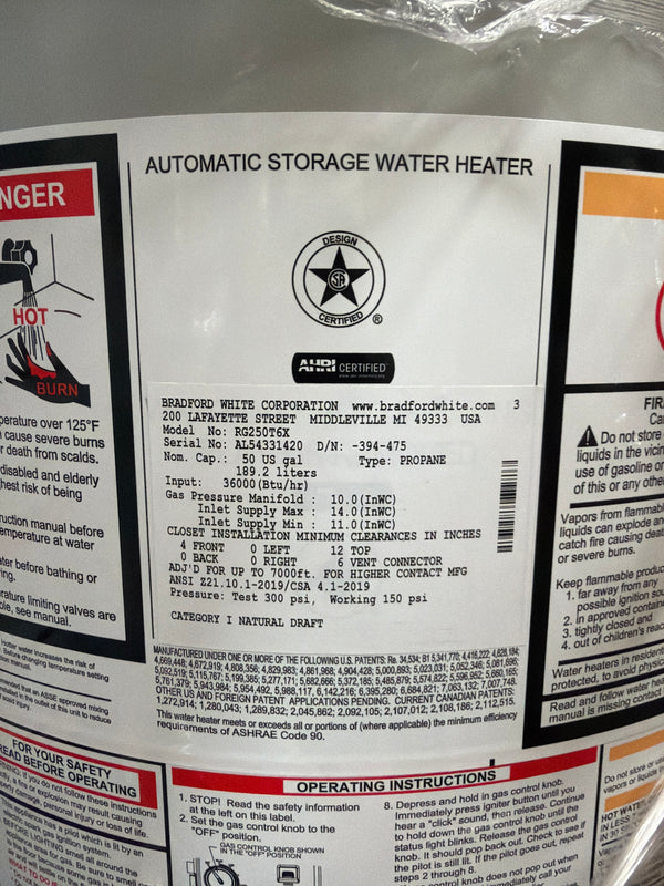 Bradford White RG250T6X - 50-Gallon 35,000 BTU Liquid Propane Tall Atmospheric Vent Water Heater